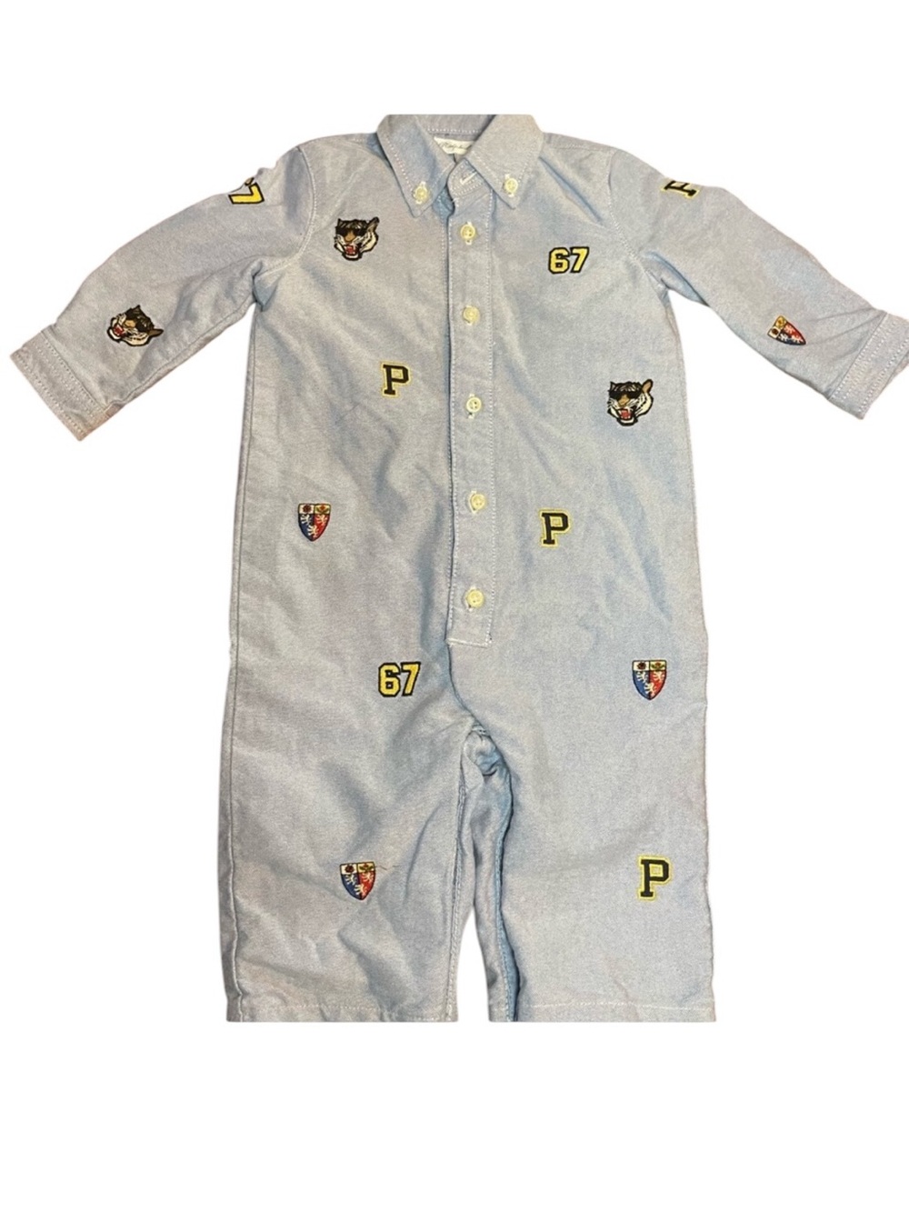 Ralph Lauren Light Blue Embroidered & Fully Lined Cotton One Piece |  6 Months